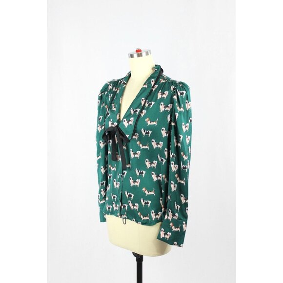 ZARA Green Dog Print Satin Oversized Collared V-Neck Tie Blouse, Size S - Picture 4 of 14